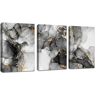 3 Pcs Leinwandbilder Bilder mit Rahmen Marmor grau gold weiß bild auf leinwand Wandkunst Modern Wandbilder Kunstdruck Deko für Wohnzimmer Schlafzimmer fertig zum Aufhängen 120x60cm(40x60x3)