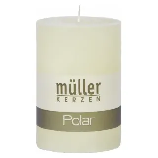 Müller Kerzen Polar Stumpenkerzen 100/68 mm, Raureif-Effekt, Mittelgroße Kerze für eine langanhaltende gemütliche Stimmung im Raum, 1 Packung = 4 Stück, vanille