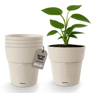Kigima Blumentopf Pflanzentopf Blumenkübel 5er-Pack Selbstbewässerung Wasserspeicher 100% recycelter Kunststoff rund 15 cm beige