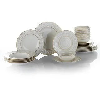 Elegantes 24-teiliges Speiseservice, 100% Porzellan | Enthält 6 Servierteller (27 cm), tiefe Teller (21 cm), Dessertteller (21 cm) und Schüsseln (15 cm) | Perfekt für stilvolles Speisen!