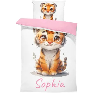 Pictogogo Süßes Tiger-Design Kinderbettwäsche für Mädchen und Jungen, Personalisiert, Wählbare Baumwollunterfarbe (Weiß, Rosa, Blau, Grau), Oeko-TEX, 135 x 200 cm