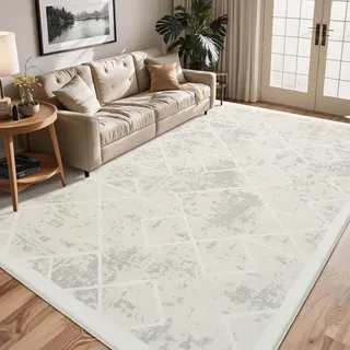 Leesentec Teppich Wonzimmer Groß Schlafzimmer Teppiche 160x200cm Kurzflor Elfenbein Creme Weiß Carpet Living Room Kinderzimmer Antirutsch Modern Geermetrische Absttakter Kurzfloriger