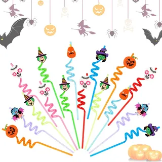 Cocktail Strohhalme Trinkhalme Plastik Dicke Plastikstrohhalme mit Knick 16 Stück Trinkröhrchen Nur Wiederverwendbar Straws Halloween Party Deko Strohalme Kunststoff für Kinder Erwachsene (Halloween)