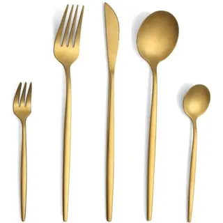 Unyqoos® 30-teiliges Besteckset Gold für 6 Personen – rostfreier Edelstahl, mattes Design, spülmaschinenfest, elegantes Tafelbesteck - Gold