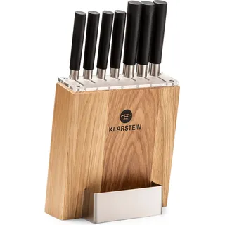 Klarstein Messerblock mit Messer, 7-Teiliges Messer-Set mit Block, 7 Küchenmesser & Holz-Messerblock, Scharfes Stahl-Messerset, Kratzfest, Japanisch Inspiriertes Messerset mit Block für Profiköche - Braun