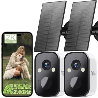 TIEJUS 2K Überwachungskamera Aussen Akku Solar 5G/2,4G WLAN Kamera 2er-Pack | Solar-Kamera Outdoor mit Farbe Nachtsicht, smartem Bewegungsmelder, IP66 Wetterschutz und sicherer Cloud-Speicherung