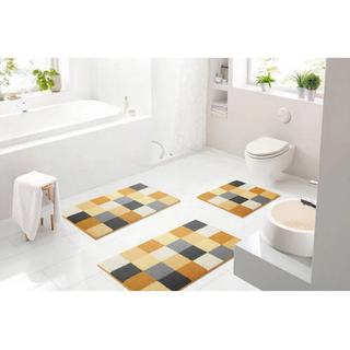 Grund Badteppich , Gelb, Schwarz, Weiß , Textil , Karo , rechteckig , 50x60 cm , Oeko-Tex® Standard 100, Made in Europe , rutschfest , Heimtextilien, Badtextilien, Badematten
