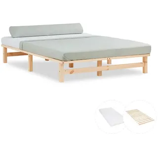 Homestyle4u Holzbett mit Matratze 140/200 cm natur , Holz , Kiefer , 140x200 cm , Schlafzimmer, Betten