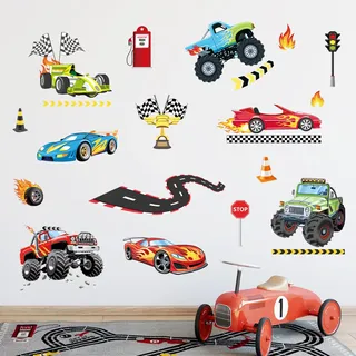 FUFUQUARE Wandtattoo Autos Transporte Fahrzeuge Wandaufkleber Junge bunt Rennauto Straße Wandsticker für Kinderzimmer Babyzimmer Spielzimmer Schlafzimmer Hause Wanddeko