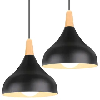 iDEGU 2 Stücke 20cm Hängelampe Retro E27 Hängeleuchte Moderne Tropfenförmig Hut Deckenleuchte aus Metall Holz Pendelleuchte für Schlafzimmer Esszimmer Küche (Schwarz)