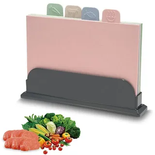 DAWRIS Schneidebrett Set mit Ständer 4 Farben Schneidebretter Kunststoff mit Lebensmitteletiketten zum Sortieren Küchenbrett Hygienisch Chopping Cutting Board Plastik Küchen Schneidbrett Weizenstroh