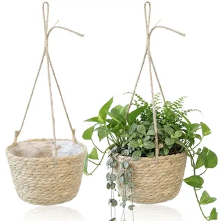 NYOSLB 2 Stück Seegras Blumentopf Hängend, Handgewebter Seegras Pflanzenkorb 20cm Hängetopf Korb Boho Hängeampel Hängender Pflanzkorb für Wohnzimmer Balkon Garten Innen Außen DIY Pflanzen Dekoration
