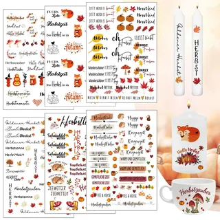 RCYHCY 6 Stück Herbst Kerzentattoo Wassertransferdruck, Kerzenaufkleber mit Herbstmotiven, DIY Kerzen dekorieren, Kerzenfolie für Kerzen und Tassen