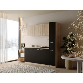 Küche Küchenzeile Singleküche Eiche Schwarz Ingrid 180cm o. Kühlschrank Respekta
