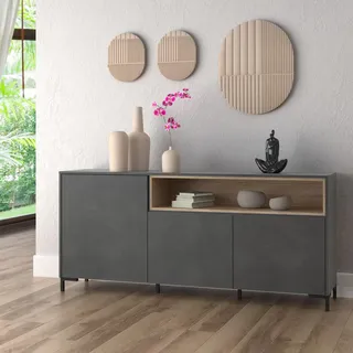 Forte GALACTIQUE Kommode 170 180, Kommode mit 3 Türen und 1 offenem Fach, modernes Sideboard, Holzwerkstoff, Betonoptik Matera/Sonoma Eiche Holzdekor, 172,6 cm breit x 78,2 cm hoch x 41,4 cm tief
