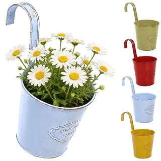 CITÉTOILE 4er Set Hängender Blumentopf mit Drainageloch, Bunter Metall-Blumentopf mit Abnehmbar Haken, Vintage Style Dekotation Balkon Garten Wand Zaun Draussen Innenwand, Modell-03