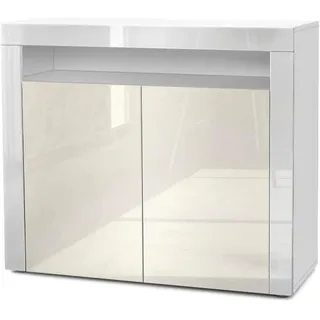 Kommode Valencia, Sideboard mit 2 Türen und 1 offenem Fach, Weiß matt/Creme Hochglanz/Weiß Hochglanz (108 x 92 x 40 cm)