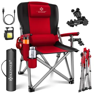 KESSER® Campingstuhl faltbar bis 160 kg | Angelstuhl Faltstuhl Klappstuhl Gepolstert mit Armlehnen | Campinglicht und Getränkehalter + Tasche mit hoher Rückenlehne | Strandstuhl mit Angelhalterung