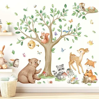 wondever Wandtattoo Waldtiere Baum Wandsticker Bär Rehe Fuch für Babyzimmer | Abziehen und Aufkleben, Abziehbar, Wandaufkleber Selbstklebend für Kinderzimmer Babyzimmer Schlafzimmer Wanddeko