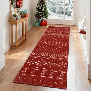 TUKDAK Weihnachtsteppich Läufer 60x180cm Waschbar,rutschfest Teppich Weihnachten,Weihnachtsläufer Teppich,Küchenteppich Weihnachten,Kurzflor Küchenläufer Teppichläufer Küche Schlafzimmer Wohnzimmer