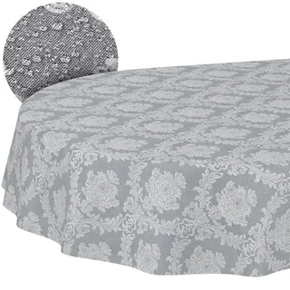 Stoff Tischdecke Textil Tischwäsche Tischtuch Baumwolle Polyester abwaschbar Uni Ornament Damast Jacquard Gewebe waschbar Barock Grau Oval 180x140cm Schnittkante