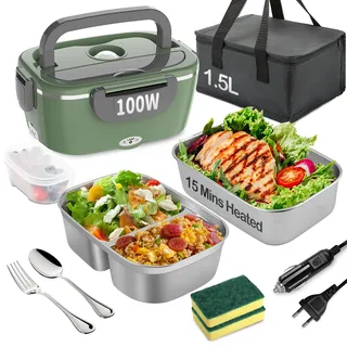 BYbrutek Elektrische Lunchbox 100W, 3-In-1 tragbare beheizte Lunchbox, 1,5L Edelstahl Entnehmbare brotdose, 12V/24V/220V Insulated Wärmebox Auto/Lkw/Bür (Grün&Grau, 1.5 L)