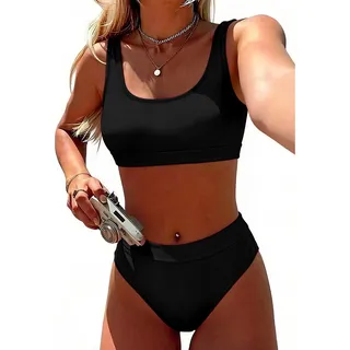 KerryKreey Sport-Badeanzüge für Damen, zweiteilig, Bauchfreies Top, Bikini-Set, hohe Taille, hoher Schnitt - Schwarz - Small
