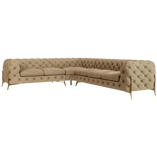 S-Style Möbel Ecksofa Chesterfield Lexi Beige Samt, langer Schenkel rechts , Textil , Echtholz,Buche, Birke , Eckteil, L-Form, Ottomane links,L-Form , 323x264 cm , Blauer Engel, FSC Mix, Oeko-Tex®, Hergestellt in Europa , Wohnzimmer, Sofas & Couches, Wohnlandschaften, Ecksofas