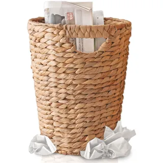 FRIHET Papierkorb geflochten aus Wasserhyazinthe mit Henkel | Aufbewahrungskorb – vielseitig einsetzbar | Mülleimer aus natürlichen Materialien | Ø 24 cm oben, 18 cm unten, H 33 cm