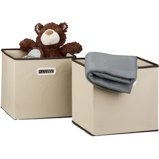 Relaxdays Faltbox 2er Set, mit Griff, quadratisch, 30 x 30 cm, Stoff Aufbewahrungsbox ohne Deckel, Regalbox, beige