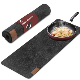 shinfly Tischläufer Filz, 100x30cm Moderne Tischläufer Abwaschbar, Skandinavischer Filzläufer Tisch mit Leder Label - Table Runner - Dunkelgrau