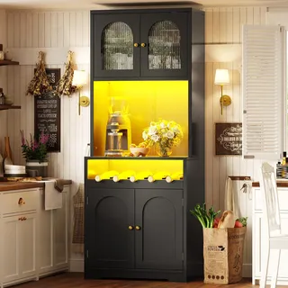 Flieks 180cm Hochschrank mit App-RGB-LED, gewölbte Glastüren, Weinregal, Küchenschränke mit verstellbare Einlegeböden, Sideboard, Schwarz - Schwarz