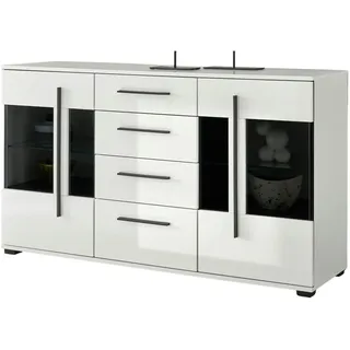 Furn.Design Sideboard weiß Hochglanz 150 cm, Kommode mit Soft-Close , Kunststoff , Nachbildung , Uni , 4 Fächer , 4 Schubladen , 150x86x42 cm , Kleinmöbel, Kommoden, Sideboards