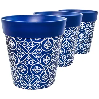 Hum Flowerpots, 22 cm, 3er-Set, in Verschiedenen Farben und Mustern, Blumentöpfe aus Kunststoff für Drinnen und Draußen, Blau Marokkanisch