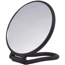 PARSA Beauty Kosmetikspiegel rund (schwarz 14,5 x 14cm) – Kleiner Spiegel zum Hängen, Stellen und als Handspiegel – doppelseitig mit Soft-Touch Finish – normal und 3-Fach Vergrößerungsspiegel