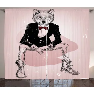 ABAKUHAUS Indie Rustikaler Vorhang, Hipster Wilde Wolf Brille, Wohnzimmer Universalband Gardinen mit Schlaufen und Haken, 280 x 260 cm, Baby Pink Bordeauxrot Schwarz - Schwarz