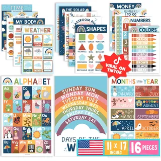16 Boho-Kinder-Pädagogische Poster für Kleinkinder – Lehrer-Poster für Klassenzimmer-Poster Elementar, Pre K Lernposter für Kleinkinder 1–3, Boho-Klassenzimmer-Poster, Alphabet-Poster für Kleinkinder