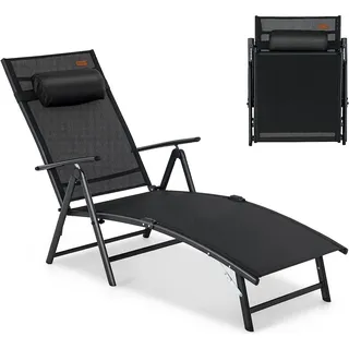 COSTWAY Sonnenliege klappbar, Gartenliege mit Kopfstütze, 7 verstellbaren Rückenlehnen, Klappliege bis 150 kg belastbar, tragbarer Liegestuhl für Garten, Hinterhof, Balkon (Schwarz) - Schwarz