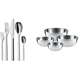 WMF Atria Besteck Set 12 Personen, 60 teilig, spülmaschinenfest & Gourmet Schüsselset 4-teilig, für die Küche 0,75l - 2,75l, Rührschüssel, Salatschüssel, Servierschüssel, Cromargan, stapelbar