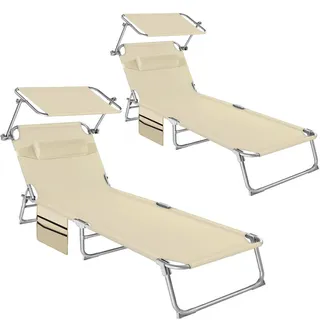 tectake Sonnenliege 2er Set Chloé, 190 x 68 x 111 cm, mit Seitentasche, beige , Beige , Kunststoff , 68x111x161 cm , Gartenmöbel, Gartenliegen