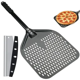 Pizzaschieber Perforiert 12 Zoll (40x30cm) - Pizza Schaufel Anodisiertes Aluminium mit Edelstahl Pizzamesser, 72cm Hitzebeständiger Griff für Pizzaofen, Backofen, Zubehör für Pizza Backen und Brot
