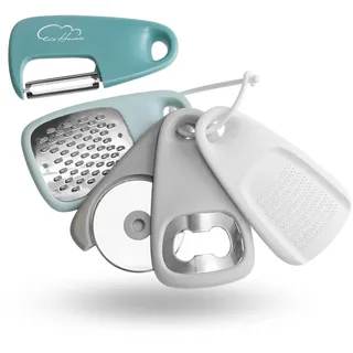 5‐teiliges Küchenhelfer Set aus Edelstahl, Spülmaschinenfest, Blau | Schäler, Reibe, Pizzaschneider, Flaschenöffner, Knoblauch‐Ingwer Mühle für Camping, Wohnmobil und Haushalt