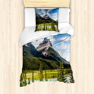 ABAKUHAUS Landschaft Mantele, Frühling Canadian Day, Milbensicher Allergiker geeignet mit Kissenbezügen, 135 cm x 200 cm - 80 x 80 cm, Grün blau