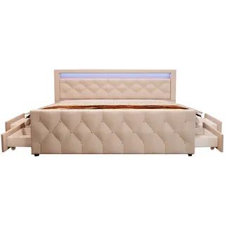 HOME DELUXE - Polsterbett VELARA - 140 x 200 cm, Farbe: Beige, inkl. H2/H3 Matratze, gepolstertes Kopfteil mit LED Beleuchtung, inkl. 4 Schubladen I Doppelbett Komforbett - Beige