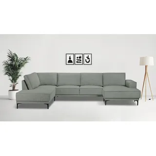OTTO home Wohnlandschaft »XXL Sofa Oland, Struktur, Flachgewebe, Luxus-Microfaser, Boucle« U-Form, 345 cm, Wellenunterfederung, Skandi-Design, Metallfüße, blau
