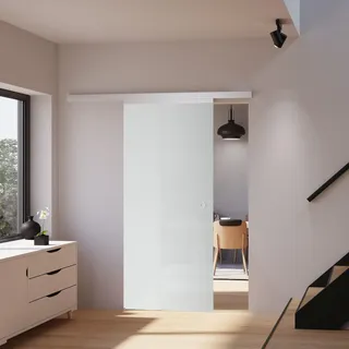 inova Glasschiebetür 77,5 x 203,5 cm, vollflächig satiniert, Komplettset mit Griffmuschel und beidseitigem Softclose - Grau, Weiß, Transparent