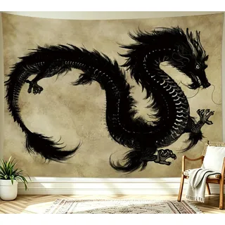 LB Wandteppich Schwarzer Drache Wandtuch Chinesischer Altes Legendäres Tier Wandbehang Japanisch Tapisserie für Wohnzimmer Schlafzimmer Wohnheim Wanddeko,150x100cm