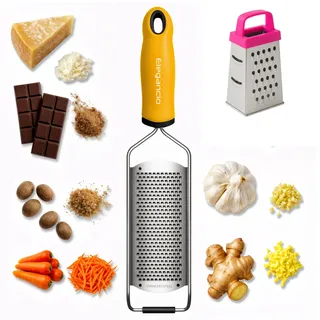 ELEGANCIO Edelstahl Käsereibe + gratis Mini Reibe Parmesanreibe Küchenreibe feine Ingwerreibe Muskatnuß Reibe Multireibe Zitronen Zester Handreibe mit Schutzabdeckung (Gelb)
