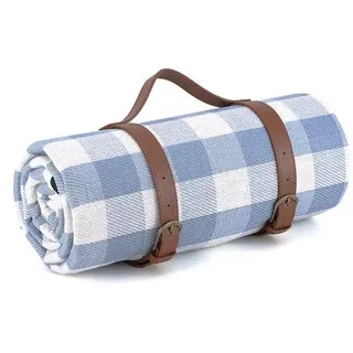 Grosse Stranddecke 203 x 203 cm, wasserdicht, faltbar, 3-Layer Fleece, für 6-8 Personen, ideal für Camping, Reisen, Parks, Gärten und Terrassen (blau und weiß). - Blau, Weiß, Schwarz