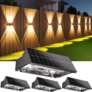AIXPI Solar Zaunleuchten für Außen, 11 Lichtmodi Solar Wandleuchte Aussen 4 LEDs IP65 Wasserdichte Nach Oben und Unten Beleuchtet Solarlampen Zaunbeleuchtung für Garten Zäune Balkon Terrasse 4 Stücke
